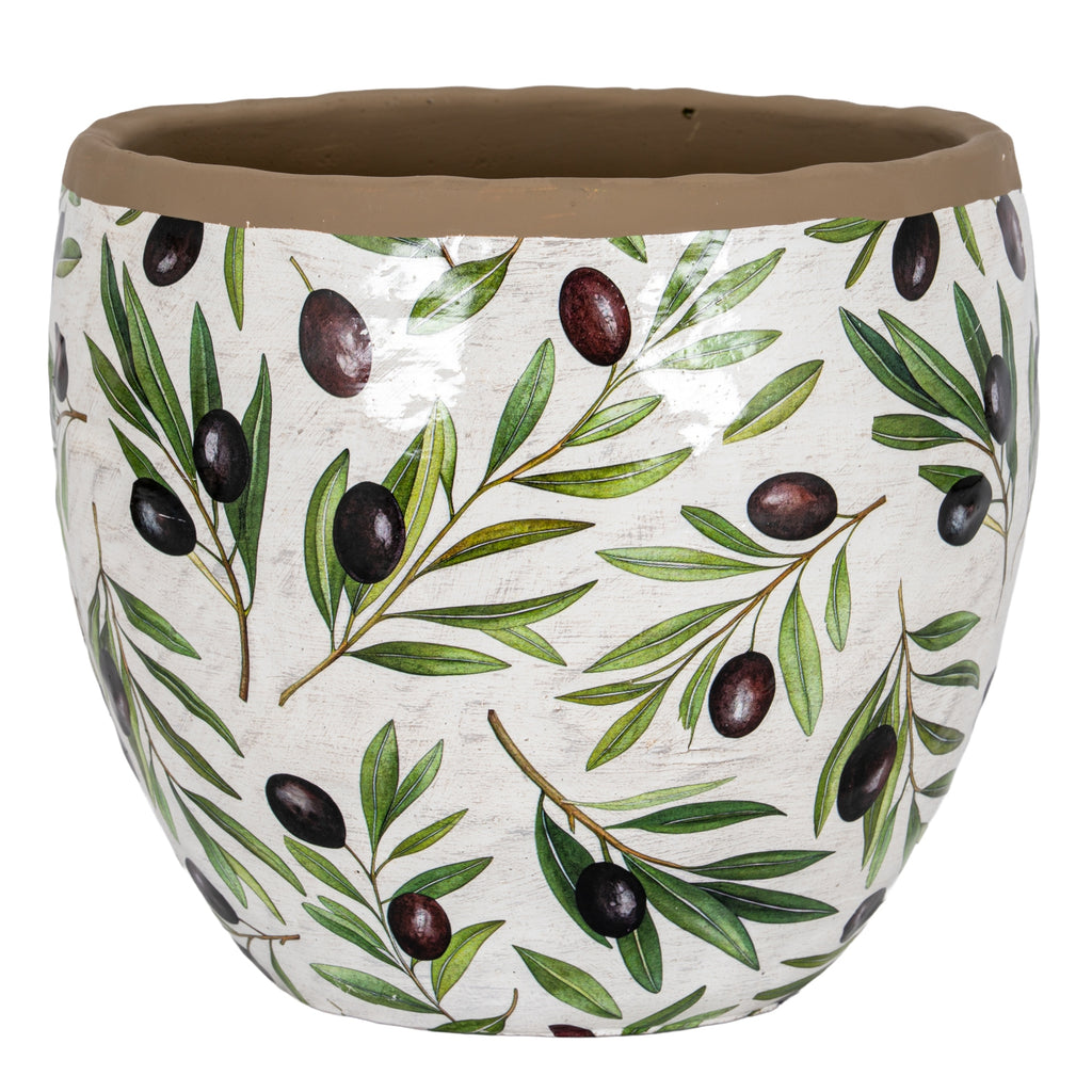 Rounded off-white planter covered in illustrated green olive branches and dark fruit, with a broad brown rim and open mouth.