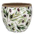 Rounded off-white planter covered in illustrated green olive branches and dark fruit, with a broad brown rim and open mouth.