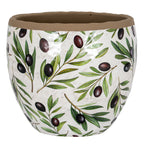 Rounded off-white planter covered in illustrated green olive branches and dark fruit, with a broad brown rim and open mouth.