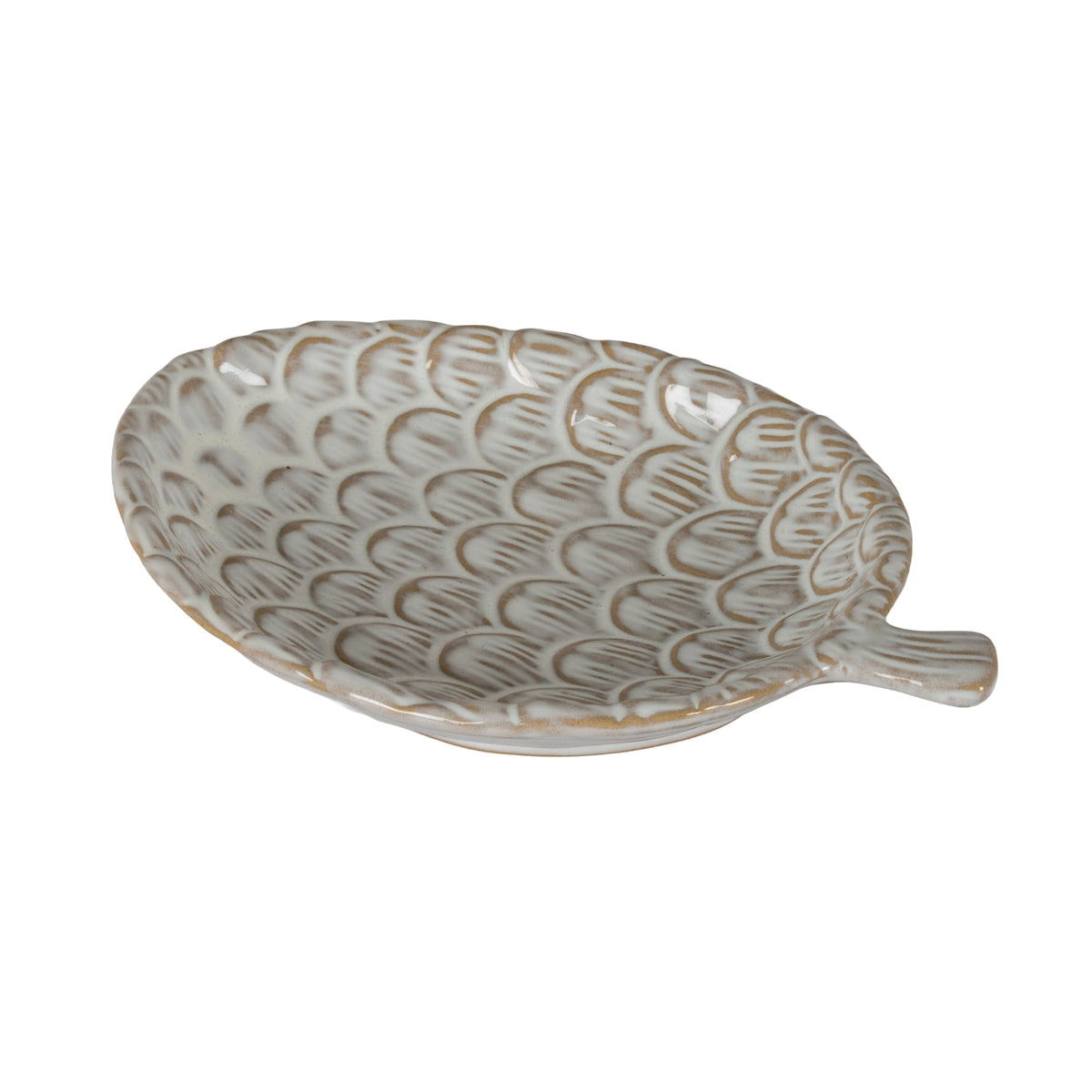 Cream pinecone-shaped decorative dish viewed from above at an angle, showing tan-brown incised scales and a short stem extending to the right.