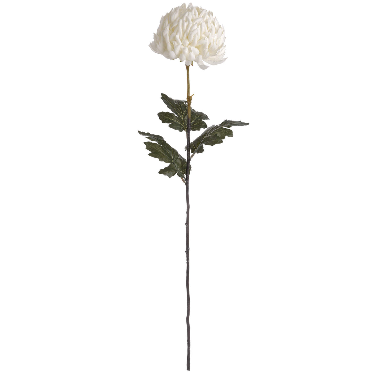 Full artificial chrysanthemum stem with a rounded off-white bloom, lobed dark green leaves and a long brown-green stem against white.