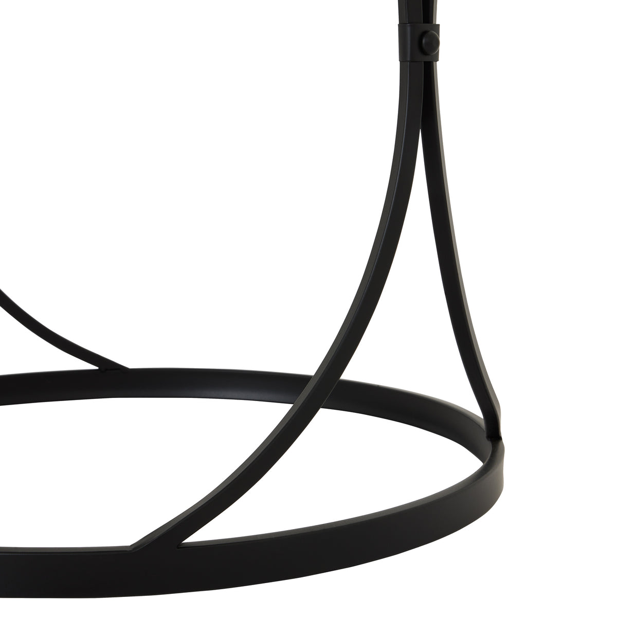Detail of the black inward-curved supports, a round fastener at their crossing and the circular base ring below.