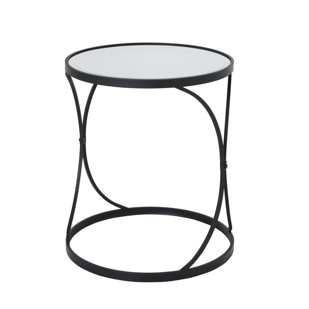 Single round side table showing its mirrored top, crossing black supports and circular base ring against white.