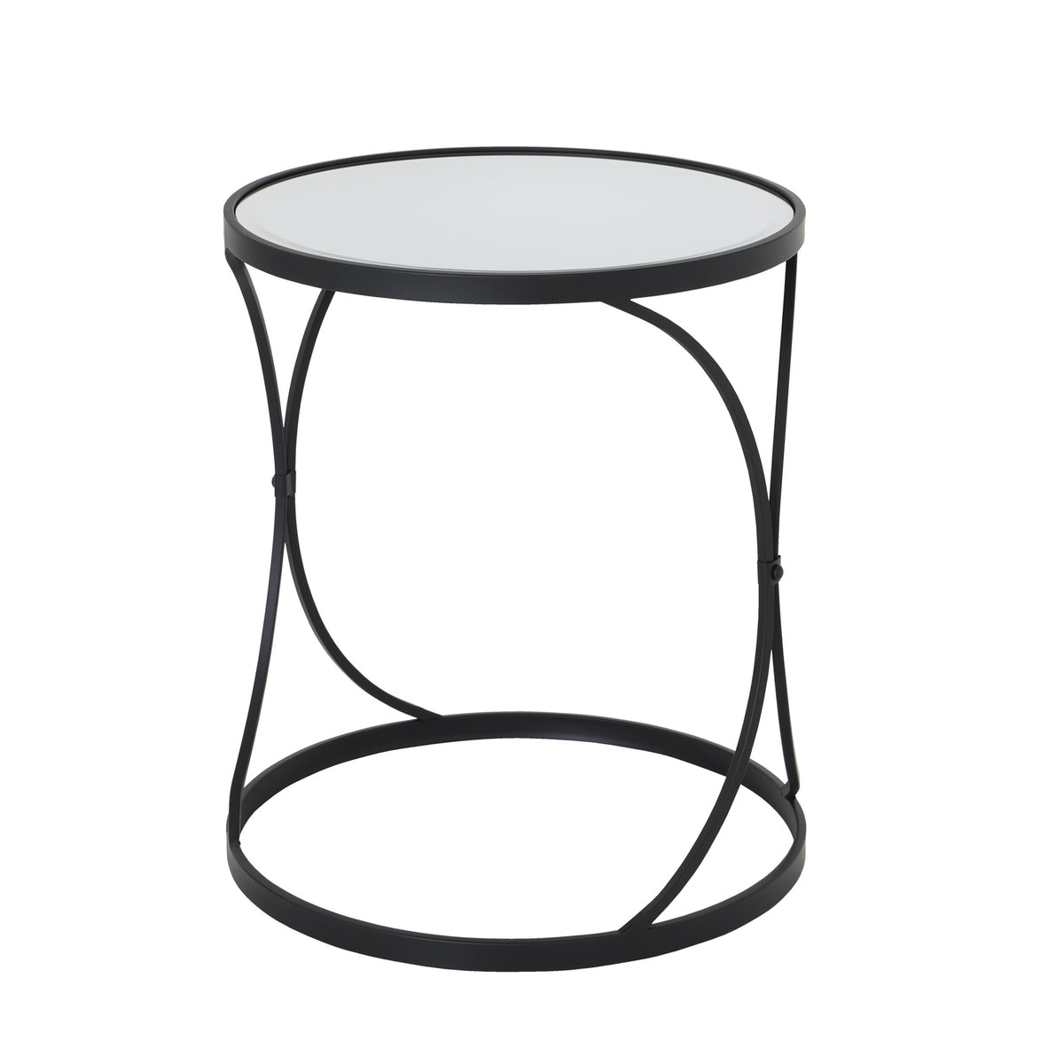 Single round side table showing its mirrored top, crossing black supports and circular base ring against white.