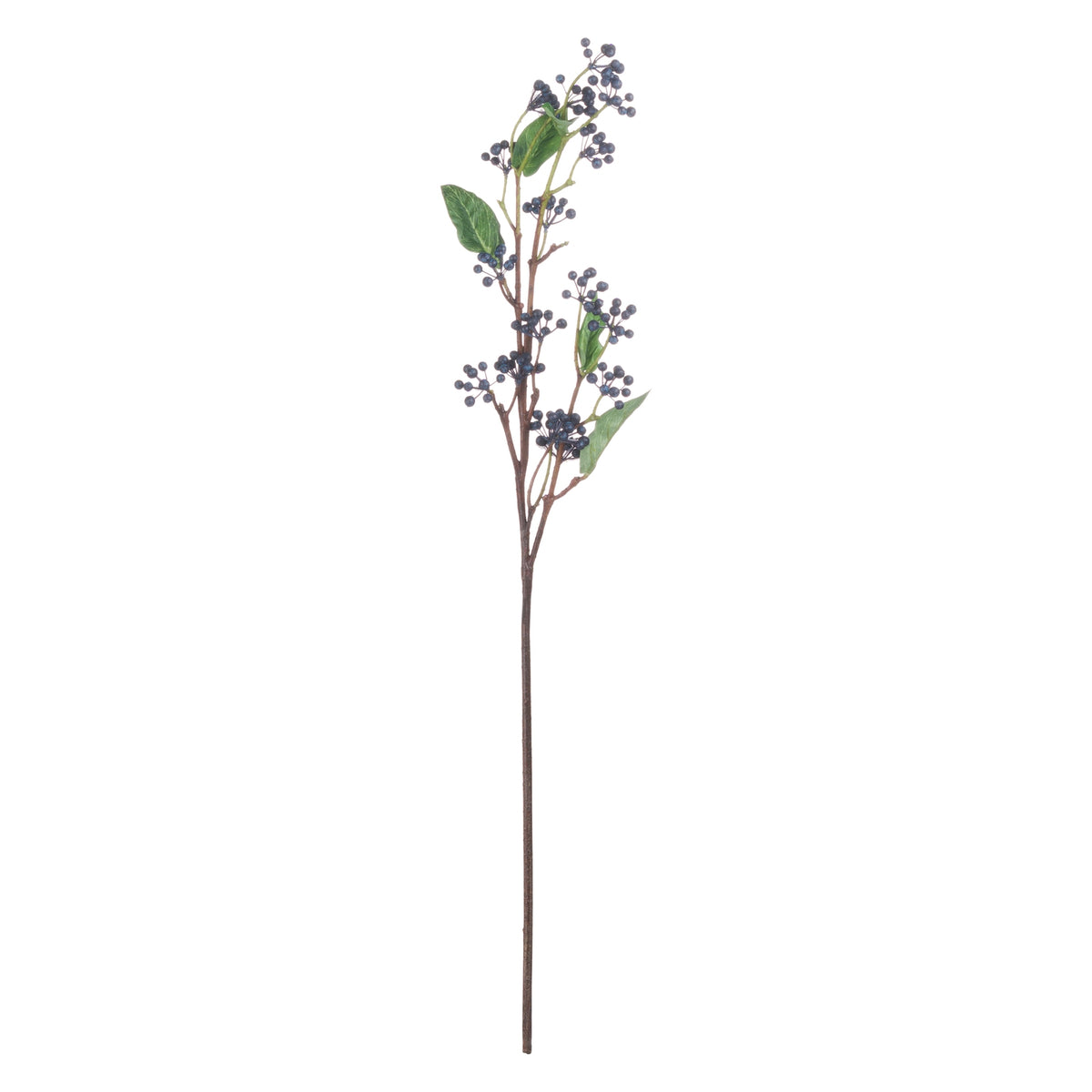 Full view of the artificial berry spray against white, with indigo berry clusters, pointed green leaves and a long brown stem.