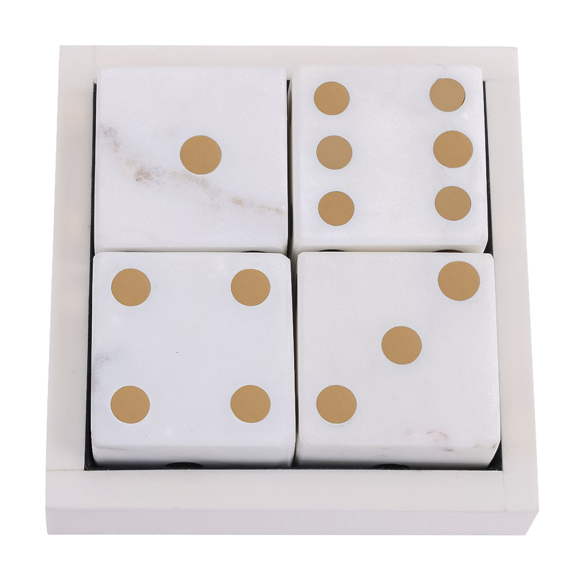 Overhead view of four marble dice in their matching box, showing one, six, four and three brass-coloured pips on the upper faces.
