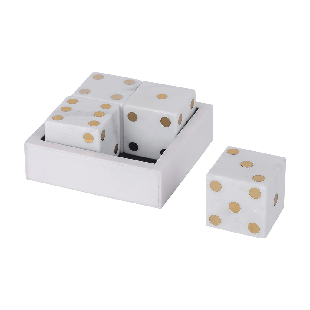 Three white marble dice inside the matching square box, with a fourth die placed beside it.