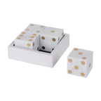 Three white marble dice inside the matching square box, with a fourth die placed beside it.