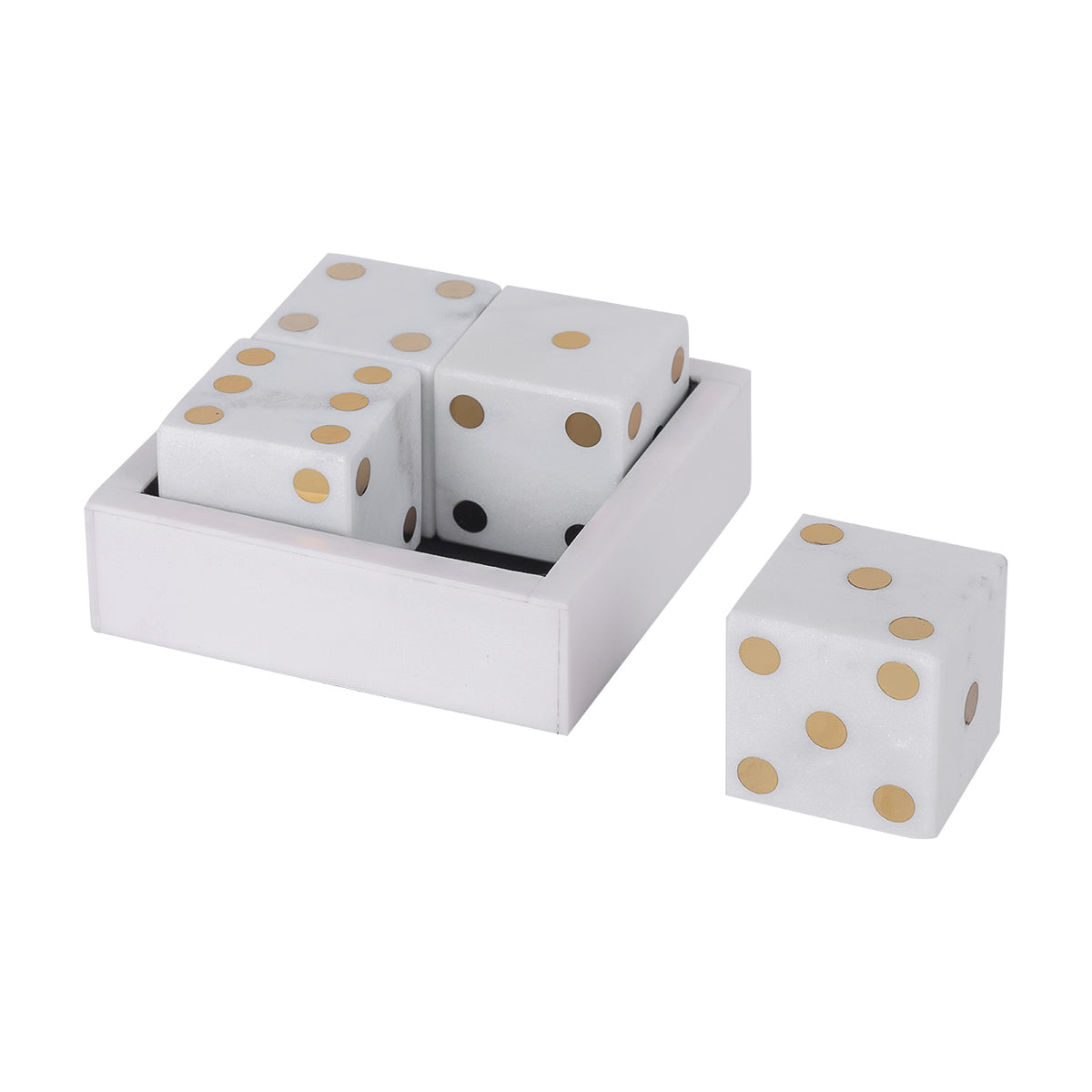 Three white marble dice inside the matching square box, with a fourth die placed beside it.