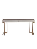 Front view of a cream console table with rounded corners, a brown inset top and slim brass-toned legs with curved feet, against a white background.