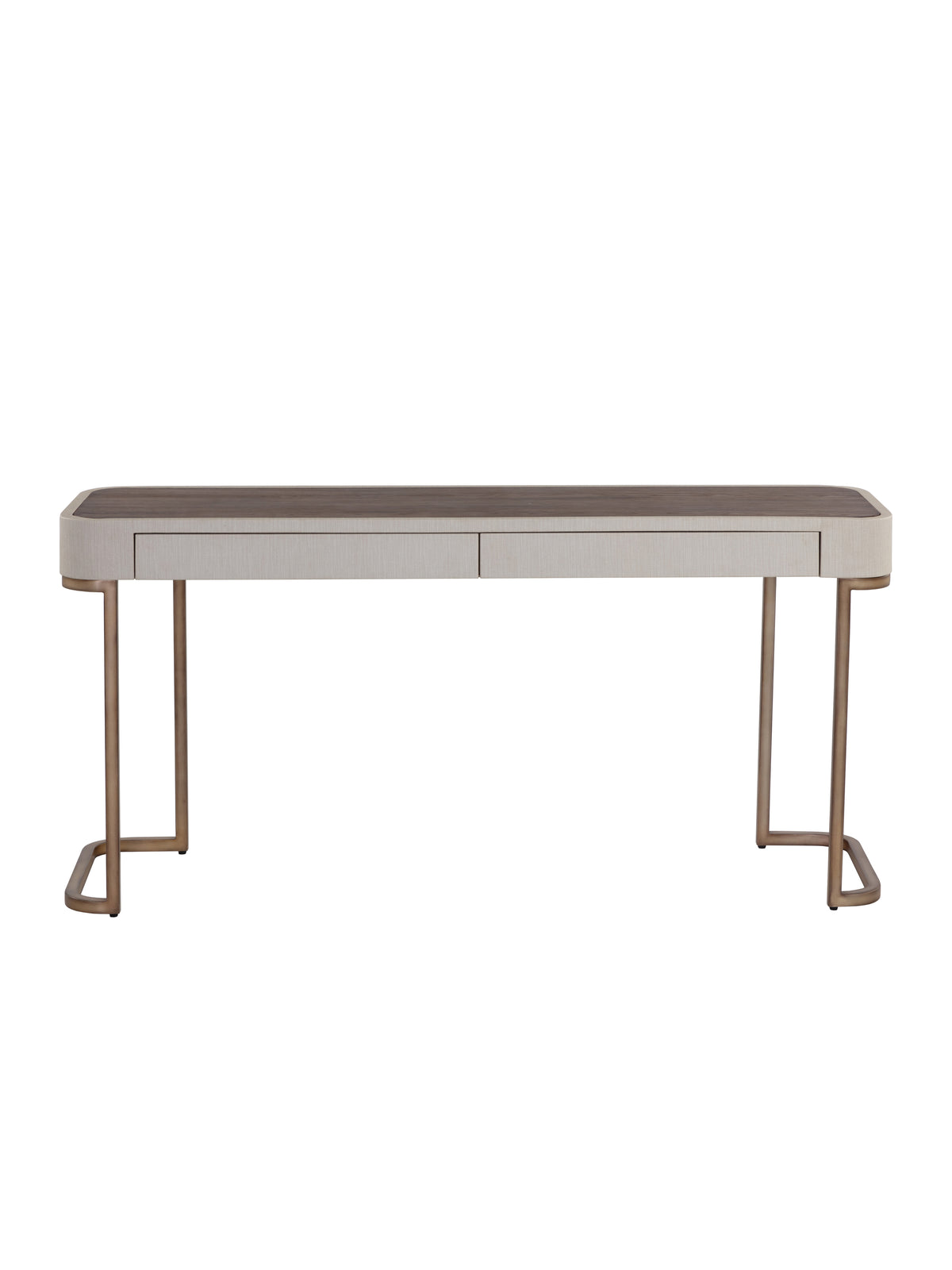 Front view of a cream console table with rounded corners, a brown inset top and slim brass-toned legs with curved feet, against a white background.