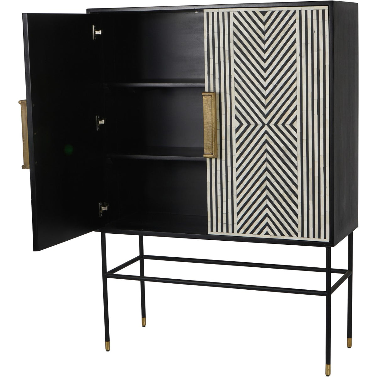 Cabinet with its left door open, revealing a black interior with two shelves above the base; the patterned right door is closed.