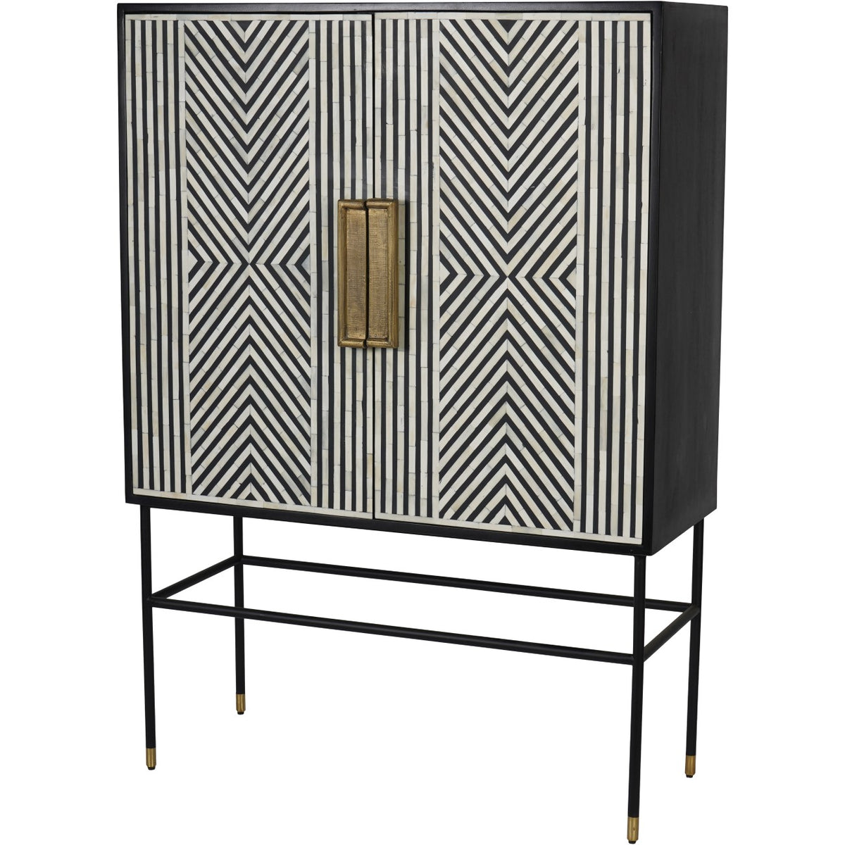 Angled view of the cabinet with striped and chevron inlay doors, paired brass finish handles and a tall open black stand.