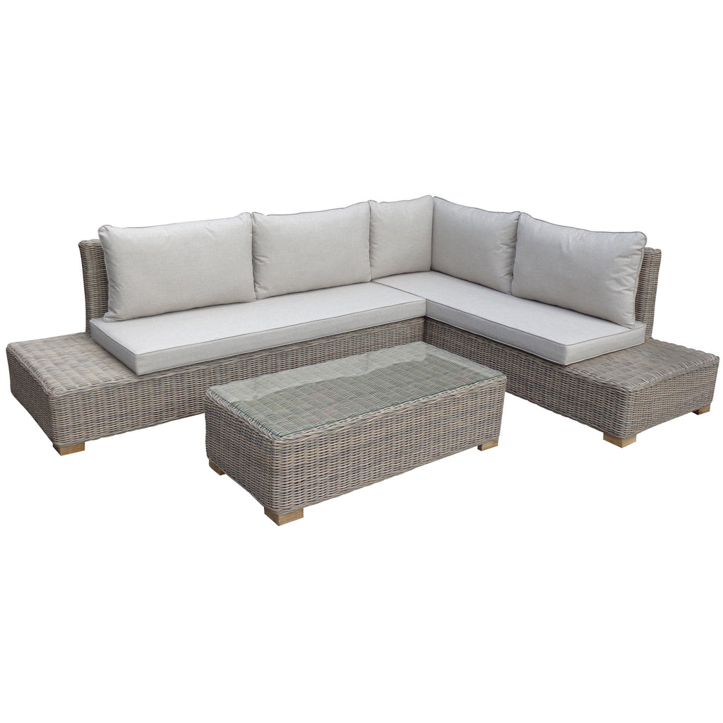 Grey-beige woven L-shaped seating with pale seat and back cushions, extended end platforms and a rectangular coffee table against a white background.