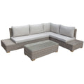 Grey-beige woven L-shaped seating with pale seat and back cushions, extended end platforms and a rectangular coffee table against a white background.