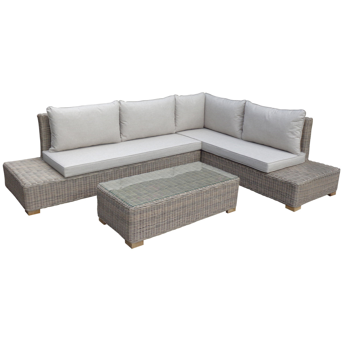 Grey-beige woven L-shaped seating with pale seat and back cushions, extended end platforms and a rectangular coffee table against a white background.