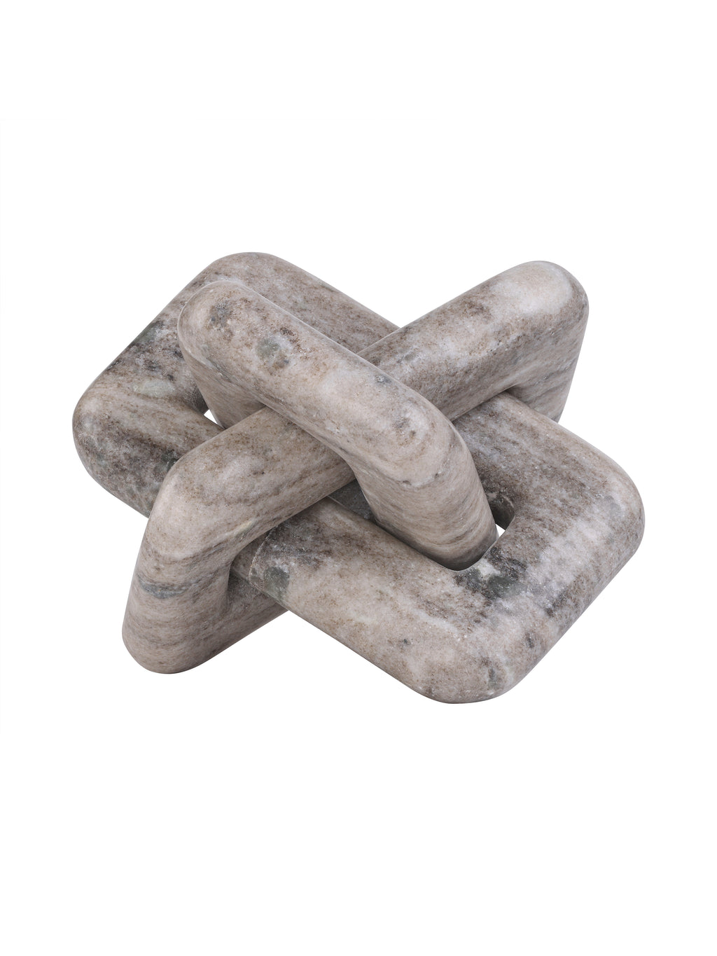 Beige marble knot sculpture shown at an angle, with rounded interlocking loops and mottled grey markings against white.