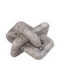 Beige marble knot sculpture shown at an angle, with rounded interlocking loops and mottled grey markings against white.