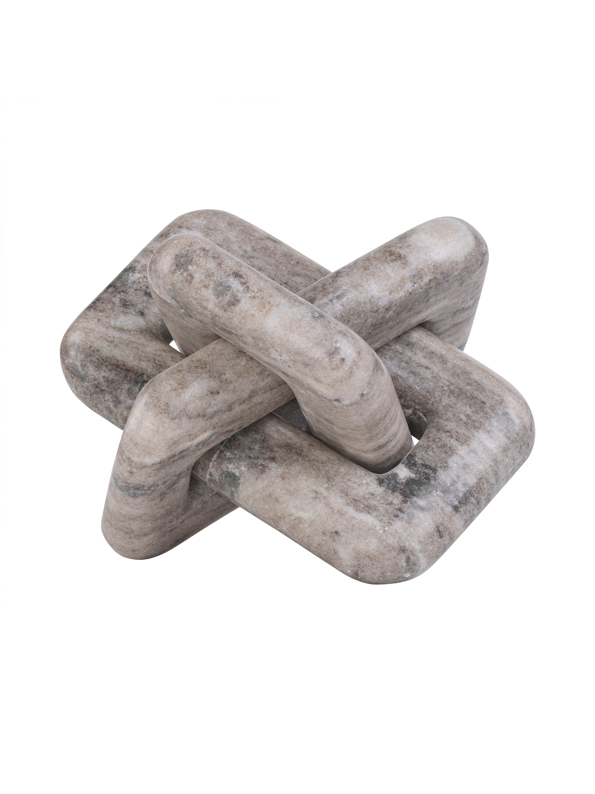 Beige marble knot sculpture shown at an angle, with rounded interlocking loops and mottled grey markings against white.