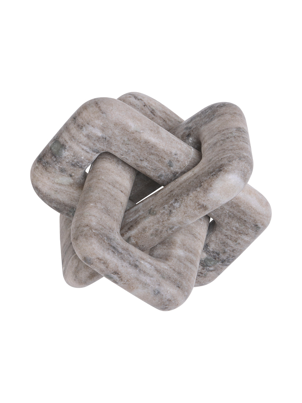 Side view of the marble knot sculpture showing overlapping loops and the open spaces between them.