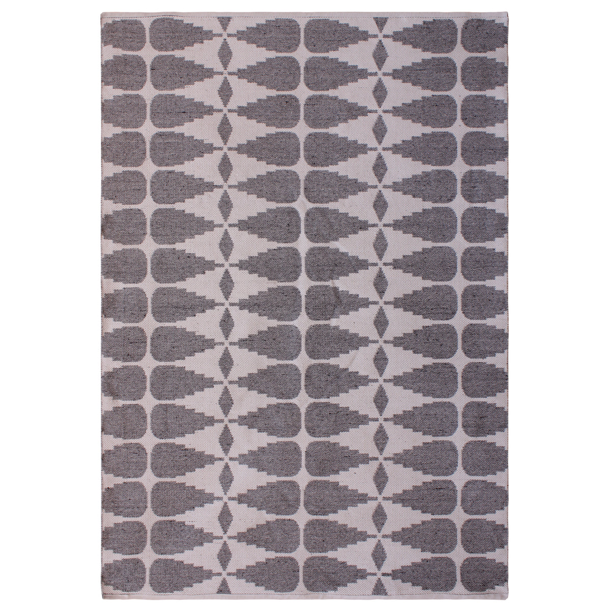 Full view of a rectangular rug with grey stepped geometric shapes and small diamonds against an ivory background.