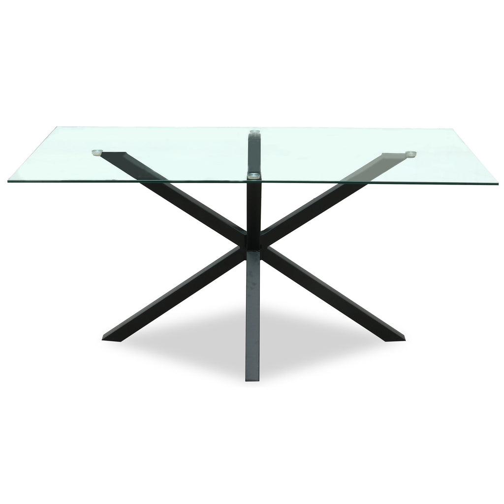 Intersecting Barbase Dining Table on a white background, with a clear rectangular top above black diagonal and upright bars.