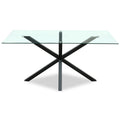 Intersecting Barbase Dining Table on a white background, with a clear rectangular top above black diagonal and upright bars.