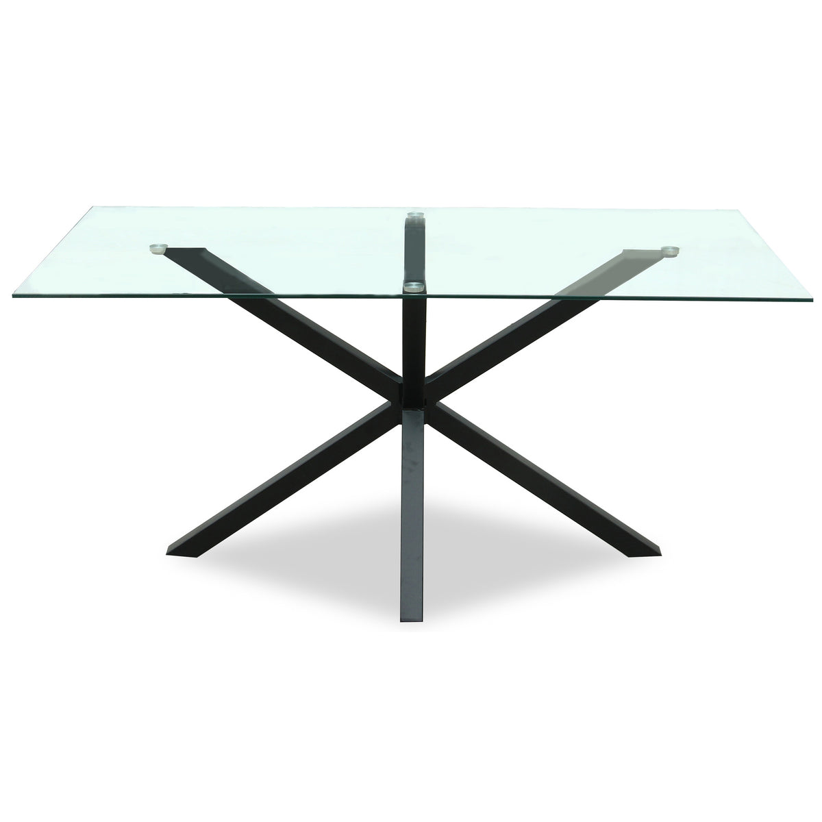 Intersecting Barbase Dining Table on a white background, with a clear rectangular top above black diagonal and upright bars.