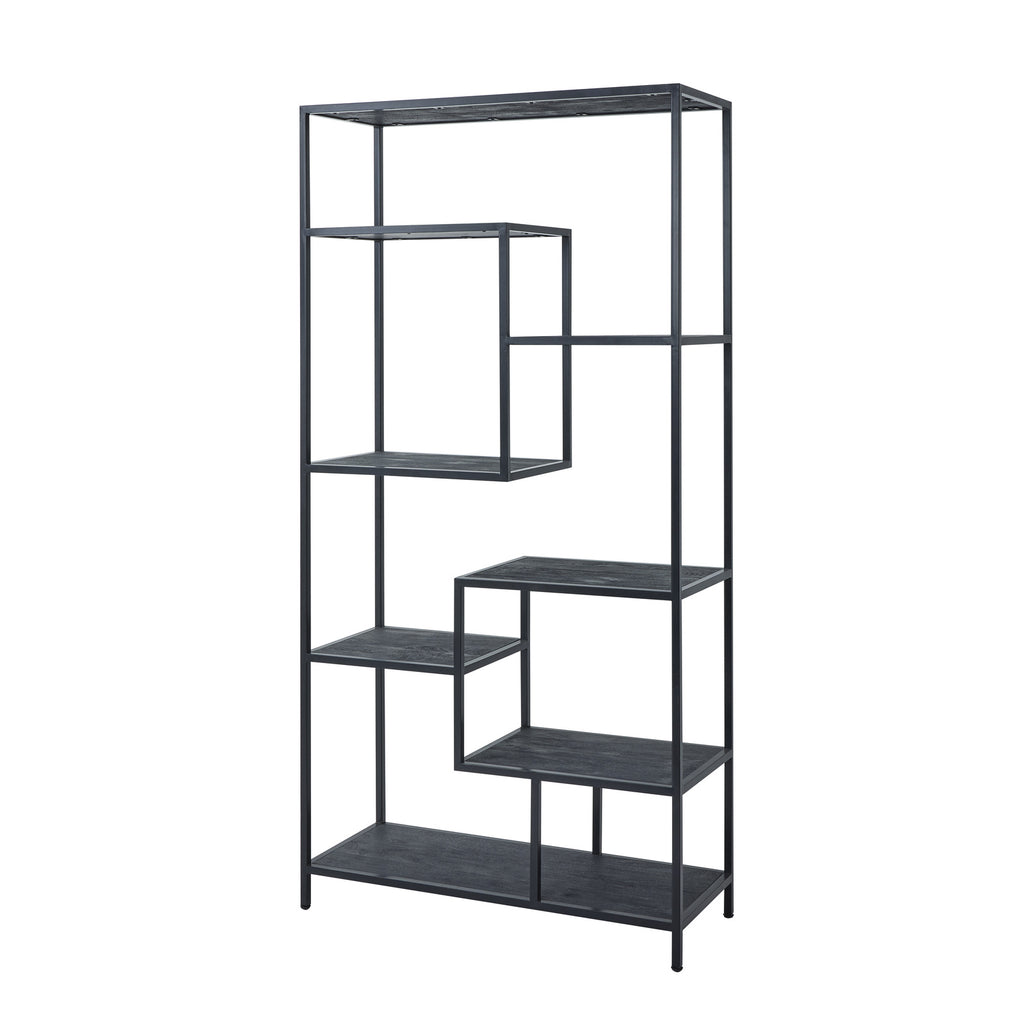 Tall black shelving unit viewed at an angle, with intersecting rectangular bays and seven dark shelf surfaces against a white background.