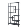 Tall black shelving unit viewed at an angle, with intersecting rectangular bays and seven dark shelf surfaces against a white background.