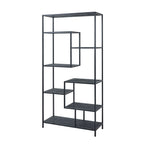 Tall black shelving unit viewed at an angle, with intersecting rectangular bays and seven dark shelf surfaces against a white background.