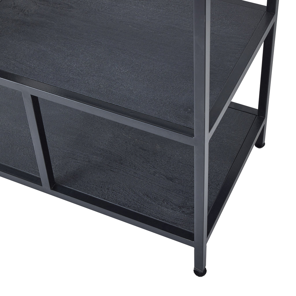 Lower corner of the shelving unit showing two textured dark shelf surfaces, square-section black framing and small round foot pads.