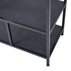 Lower corner of the shelving unit showing two textured dark shelf surfaces, square-section black framing and small round foot pads.