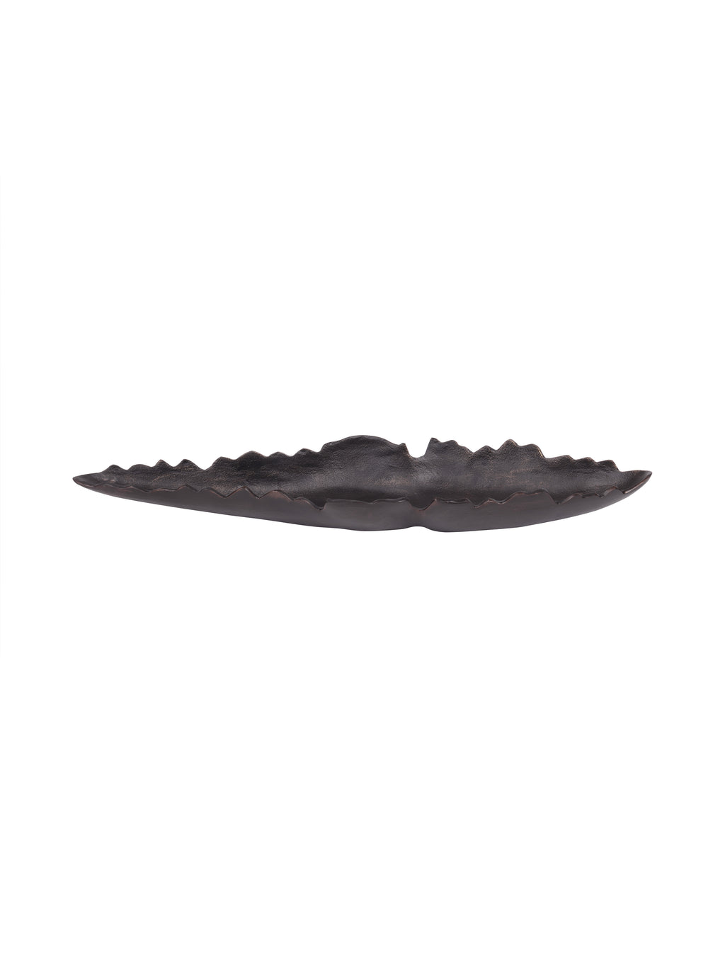 Front view of an elongated black decorative dish with a shallow curved body and uneven raised rim on a white background.