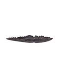 Front view of an elongated black decorative dish with a shallow curved body and uneven raised rim on a white background.