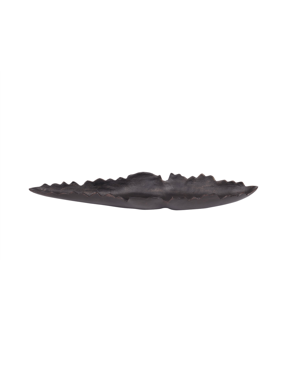 Front view of an elongated black decorative dish with a shallow curved body and uneven raised rim on a white background.