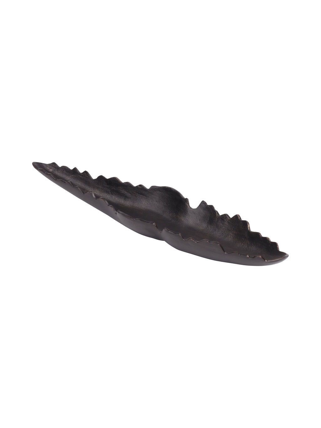 Angled view into the elongated dish, showing its textured dark interior, tapered ends and irregular organic edge.