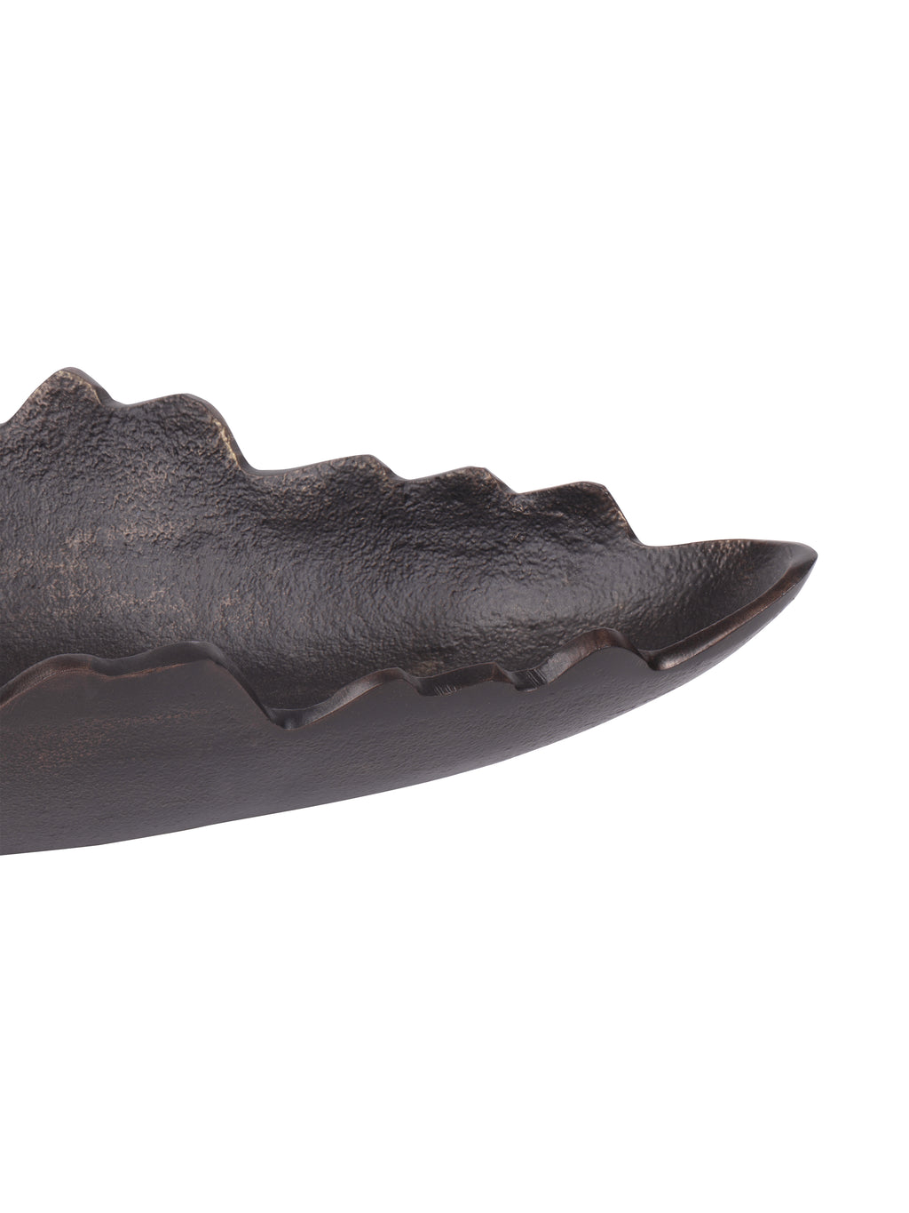 Close-up of the dish interior and side, showing the grainy antique black finish and bronze-toned accents along the uneven rim.