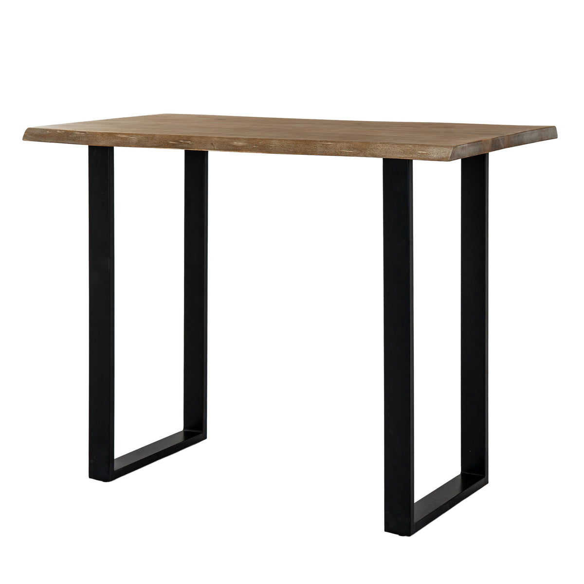 Irregular Edgeframe Bar Table viewed at an angle, showing a pale brown rectangular top with uneven long edges and two black open end frames.