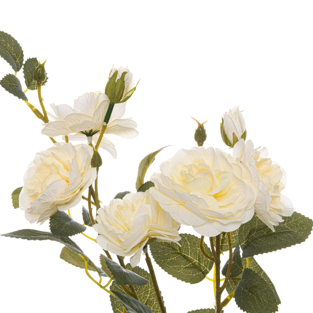 Close-up of layered ivory-white artificial blooms and upright buds among serrated green leaves against a white background.