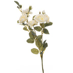 Ivory artificial flower spray shown upright against white, with branching stems, open rose-style blooms, buds and green leaves.