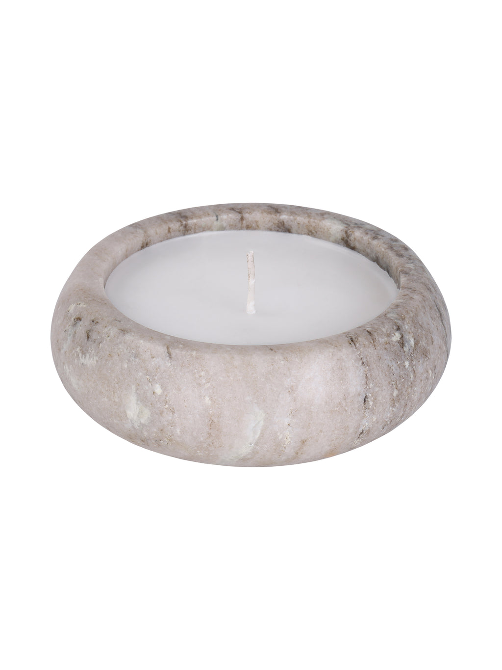 Angled view of a low, rounded beige marble candle with white wax and an unlit wick against a white background.