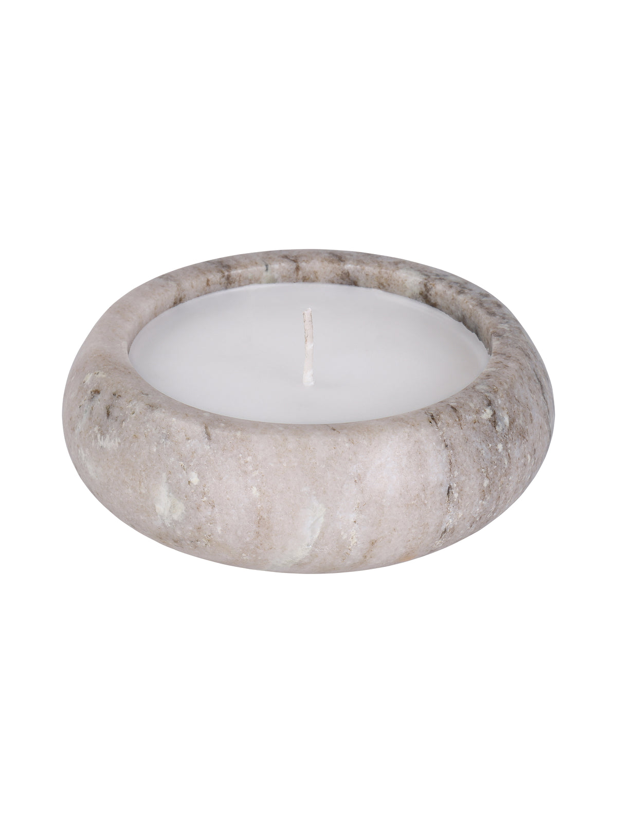 Angled view of a low, rounded beige marble candle with white wax and an unlit wick against a white background.