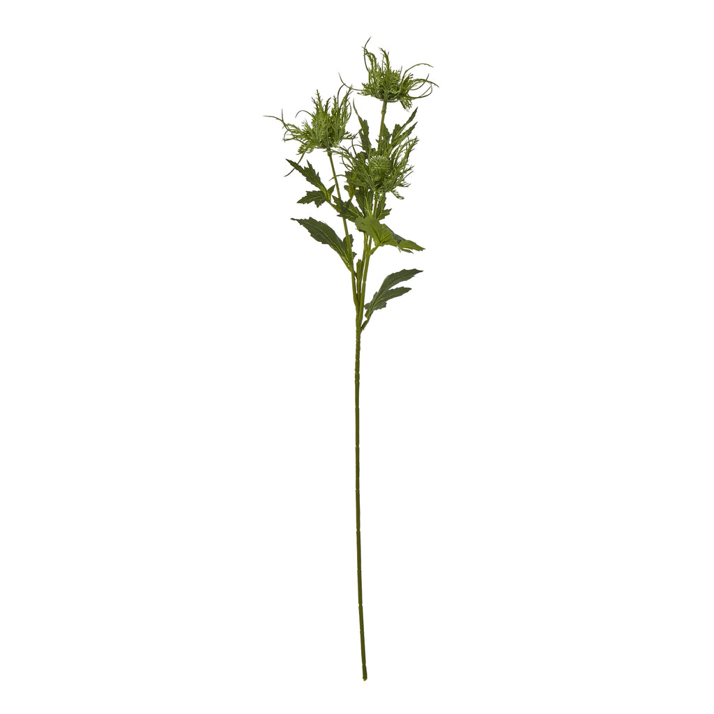 Full view of a tall green artificial botanical spray with a long stem, jagged leaves and three airy heads on branching stems.