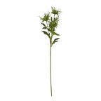 Full view of a tall green artificial botanical spray with a long stem, jagged leaves and three airy heads on branching stems.