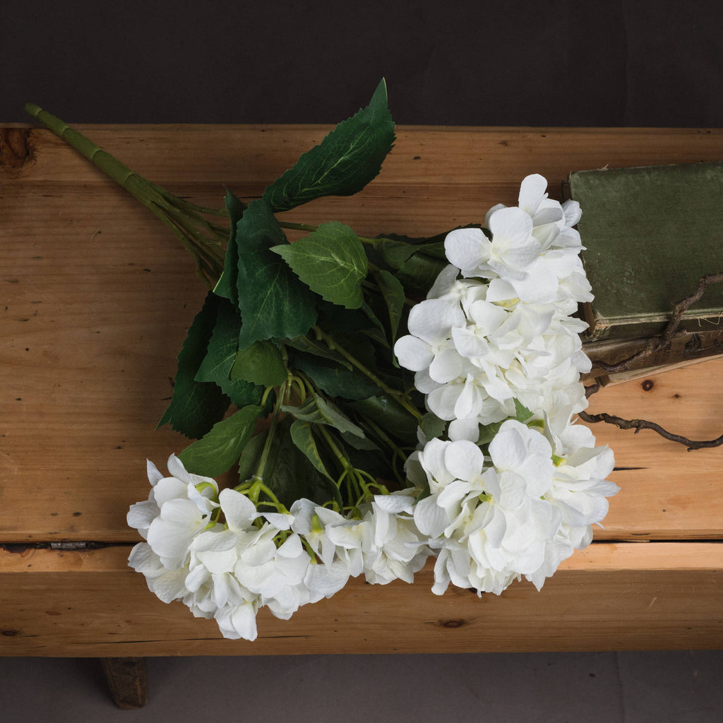 Off-white artificial hydrangea bouquet laid diagonally across a wooden bench beside worn green books and a bare twig.