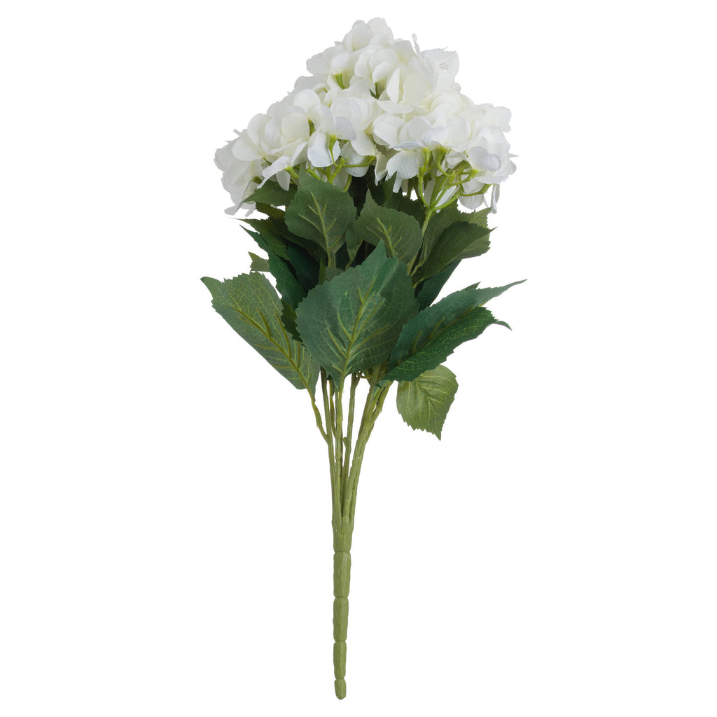Full artificial hydrangea bouquet against white, with off-white flower heads, broad dark-green leaves and green stems joined at the base.