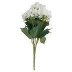 Full artificial hydrangea bouquet against white, with off-white flower heads, broad dark-green leaves and green stems joined at the base.