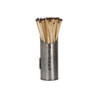 Slender pewter-colour matchstick holder with vertical MATCHES lettering, shown with matches standing above its curved rim.