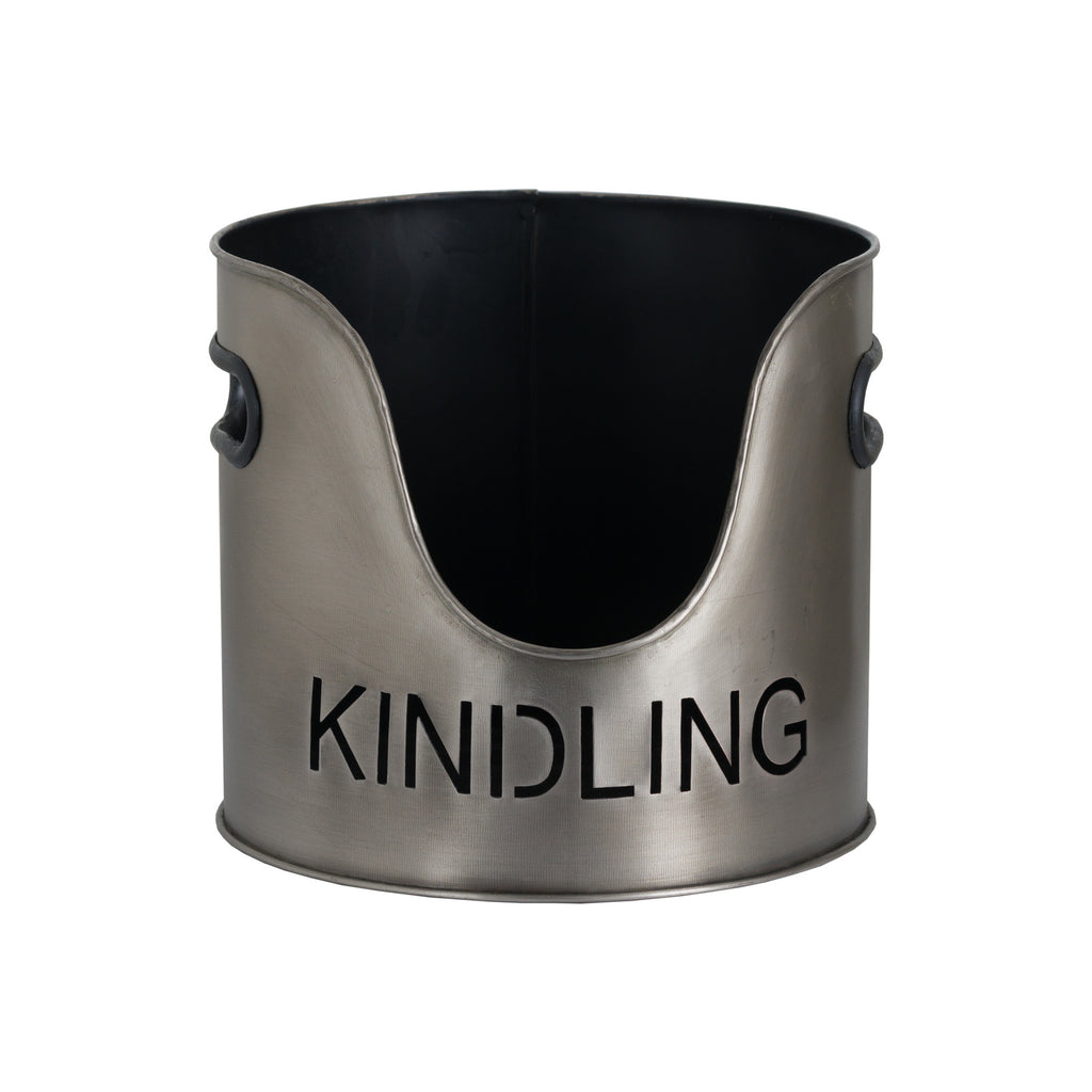 KINDLING bucket on a white background, with a curved front opening, black side handles and prominent lettering across the grey surface.